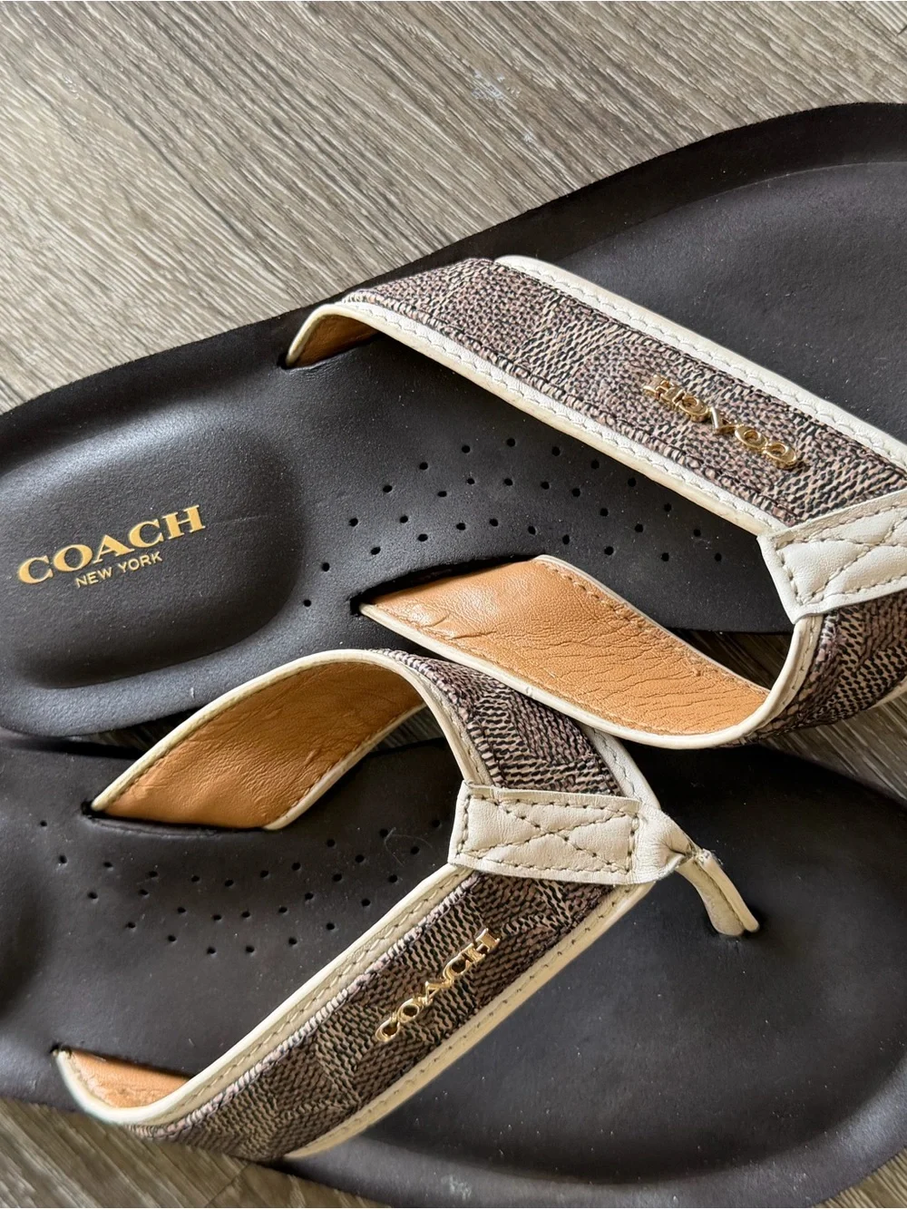 Coach Black Footbed Metallic Beige & Gold Thong Sandals
